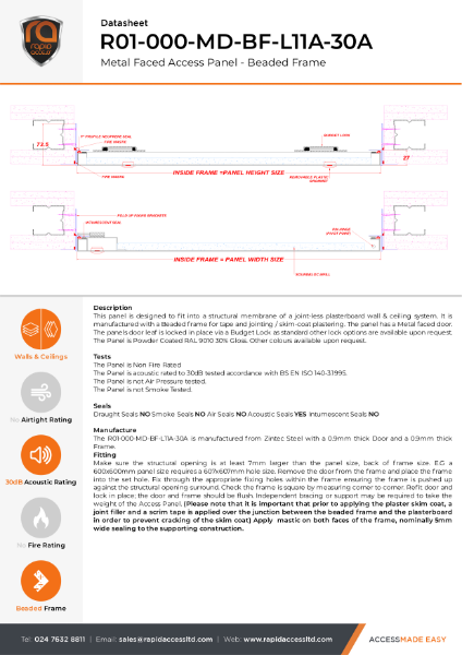 Datasheet - Slim Fit Access Panel Non Fire Rated, 30dB Acoustic, Beaded Frame