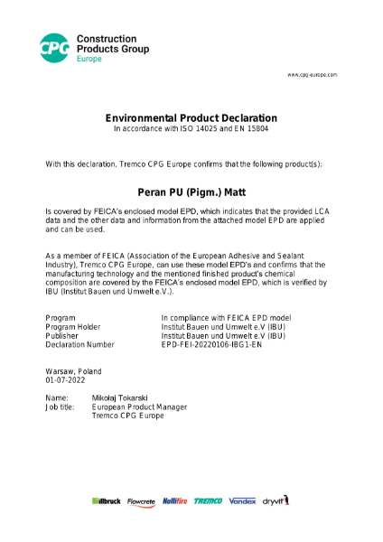 CPG EPD Products based on polyurethane, group 2