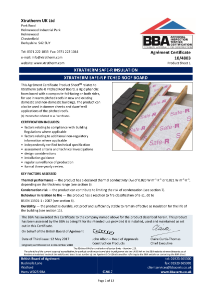 10/4803 Xtratherm Safe-R Pitched Roof Board (Product Sheet 1)