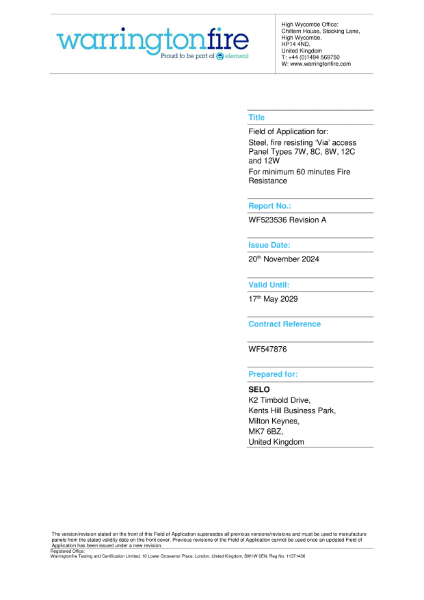 Via Access Panels Types 8C, 12C, 8W and 12W E60 Field of Application Report