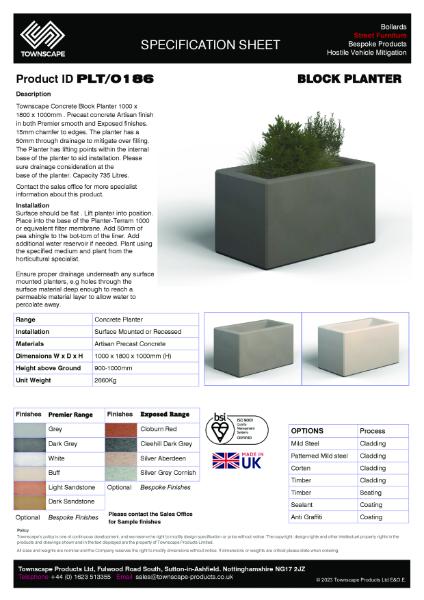 Townscape 1490x990x1000 Concrete Planter Specification sheet PLT0186