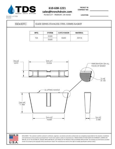 SS600 Series Stainless Steel Debris Basket 6" x 24"