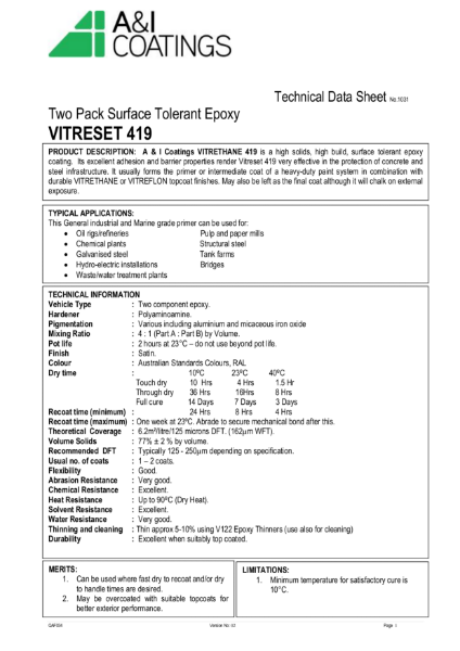 Vitreset 419 Technical Data Sheet