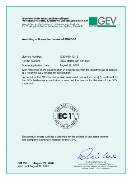EMICODE certificate SIGA Meltell 311