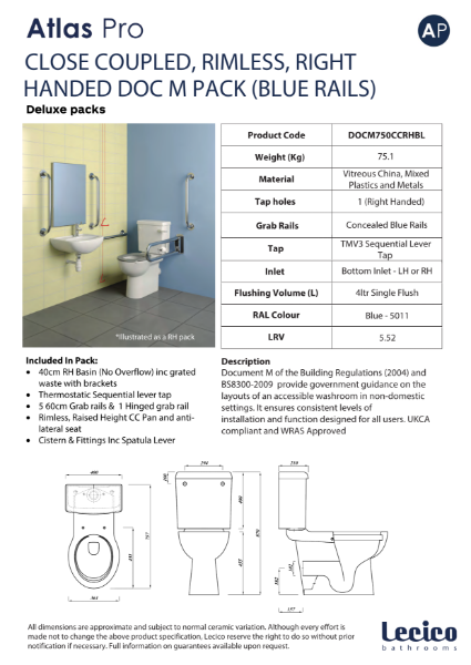 Atlas Pro Rimless DeLuxe Close Coupled DocM Pack Right Hand 40cm Basin Blue Rails Data Sheet