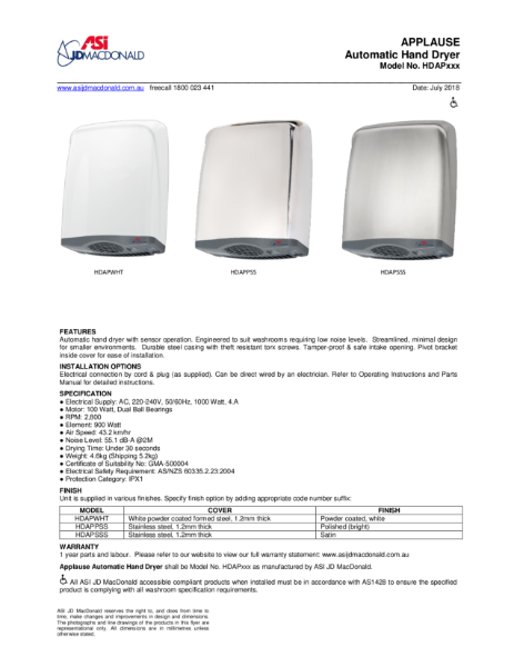 APPLAUSE Specification Sheet