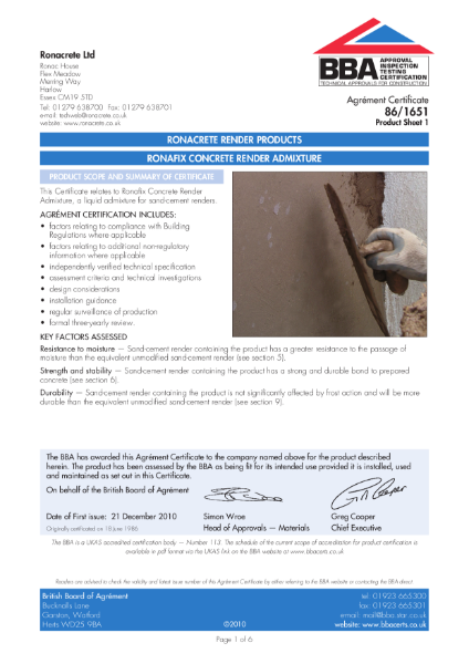 86/1651 Ronafix concrete render admixture