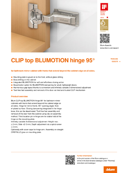 CLIP top BLUMOTION 95 Degree Hinge for Bathroom Mirror Cabinets Specification Text