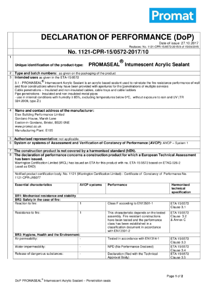 Etex Promat DOP Certificate Promaseal Intumescent Acrylic Sealant Penetration Seal