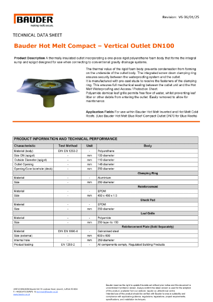 Bauder Hot Melt Compact Vertical Outlet DN100 - Technical Data Sheet