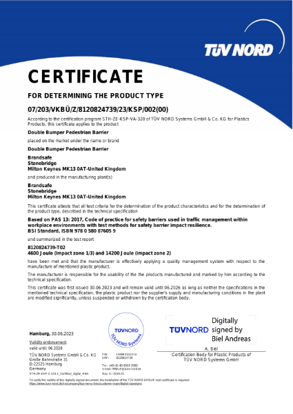 Pedestrian Barrier (Double Bumper) - PAS 13 Test Certificate - TÜV NORD