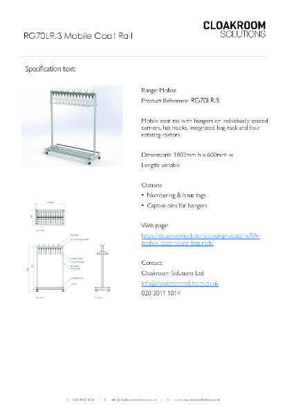RG70LR.3 Mobile Coat Hanger Rail & Bag Rack Specification Text