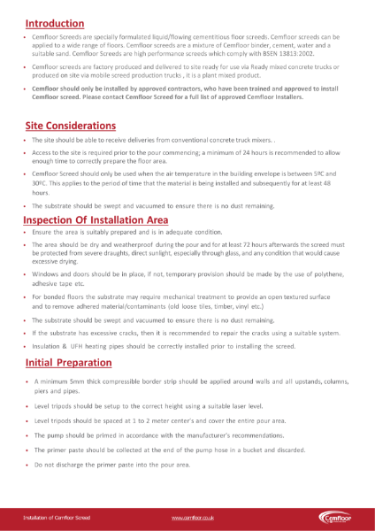 Cemfloor Screed On-Site Installation Procedures