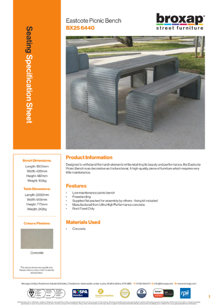 Eastcote Picnic Bench Specification Sheet