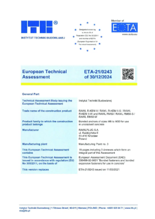 European Technical Assessment - RAWL R-KEM II/ RAWL R-KEM II-S/ RAWL R-KEM II-W and RAWL RM50/ RAWL RM50-S/ RAWL RM50-W