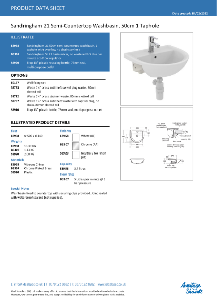 Sandringham 21 500 mm semi-recessed vanity basin, Central tap hole, with overflow E895801