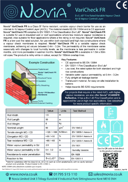 Novia VariCheck FR Class B-s1,d0 Fire rated Variable Vapour Check Air & Vapour Control Layer Datasheet