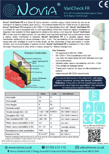 Novia VariCheck FR Class B-s1,d0 Fire rated Variable Vapour Check Air & Vapour Control Layer.