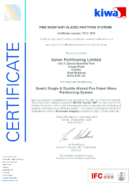 KIWA Fire Resistant Glazed Partition Systems Certificate