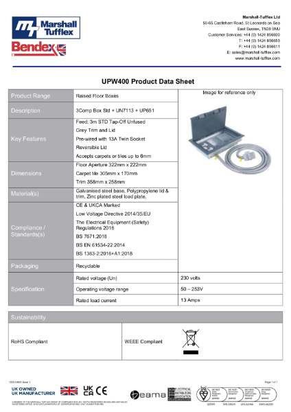 UPW400 Raised Floor Box Product Data Sheet