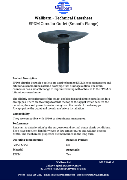 Datasheet - EPDM Circular Downpipe Roof Outlet (Smooth Flange)