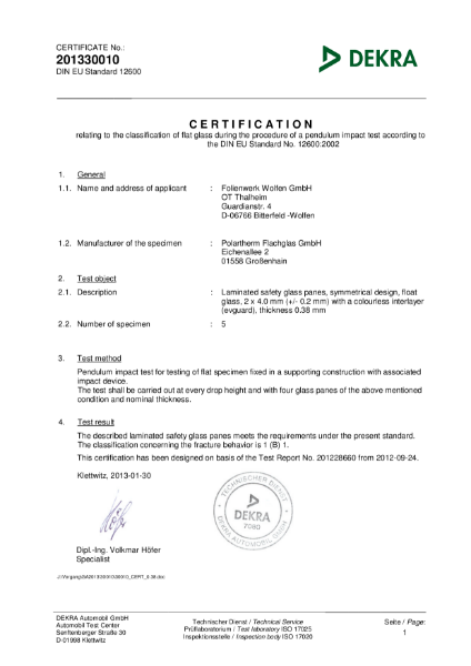 DIN EN 12600 (Pendulum) for evguard® laminating interlayer film