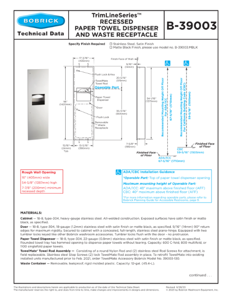 TrimLineSeries™ Recessed Paper Towel Dispenser and Waste Receptacle - B-39003