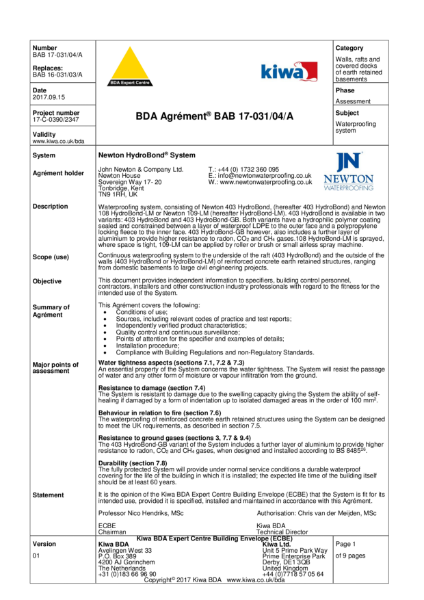 Newton HydroBond 108-LM BDA Certificate