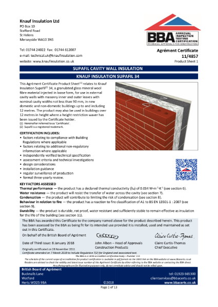 Supafil 34 Cavity Wall Insulation (Cavities Over 90mm) - BBA Certificate - 11/4857
