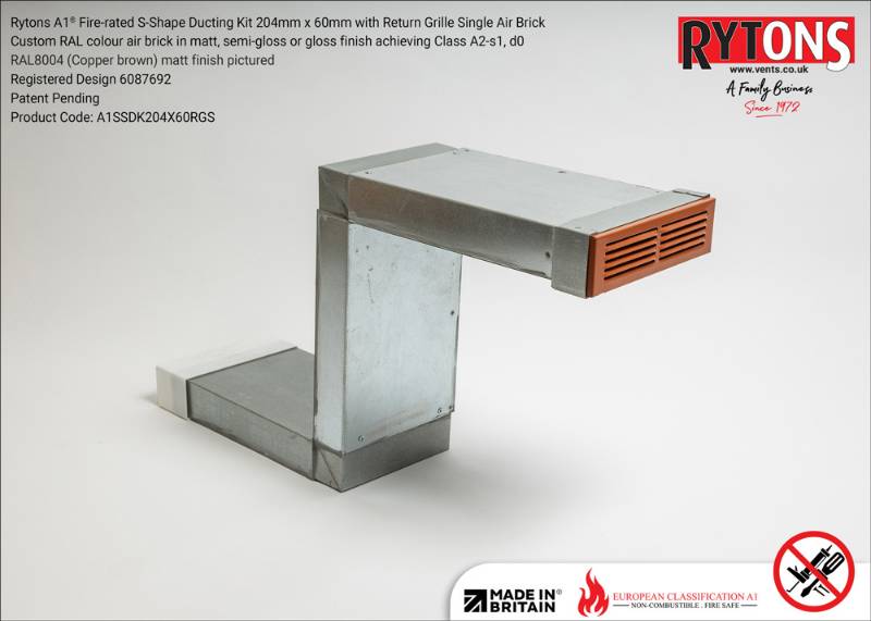 Rytons A1® Fire-rated S-Shape Ducting Kit 204 x 60 mm with Single Air Brick