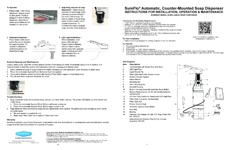 SureFlo® Automatic, Counter-Mounted Soap Dispenser - Instructions for Installation, Operation and Maintenance - Bobrick Model B-824 Liquid Soap Dispenser