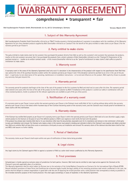 Pro Clima Warranty Agreement