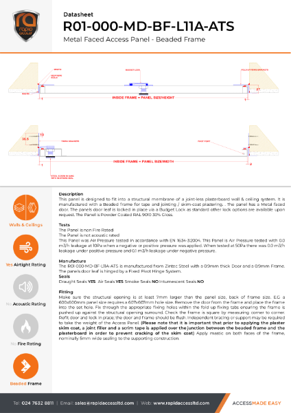 Datasheet - Slim Fit Access Panel Non Fire Rated, Airtight, Beaded Frame