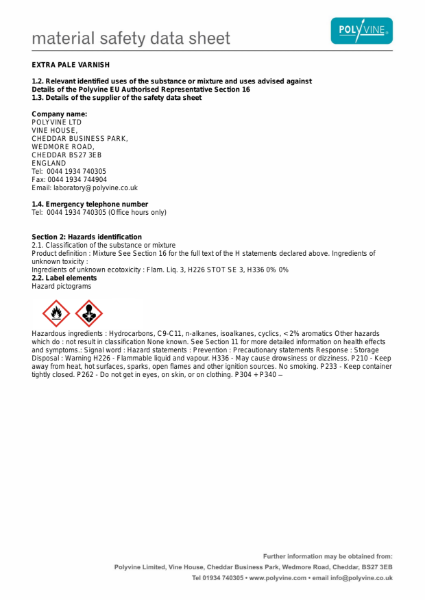 Extra Pale Varnish Material Safety Data Sheet