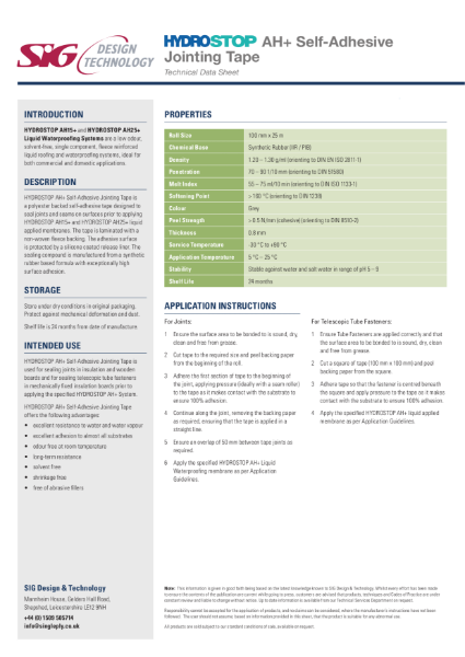 Hydrostop AH+ Liquid Waterproofing Jointing Tape Datasheet