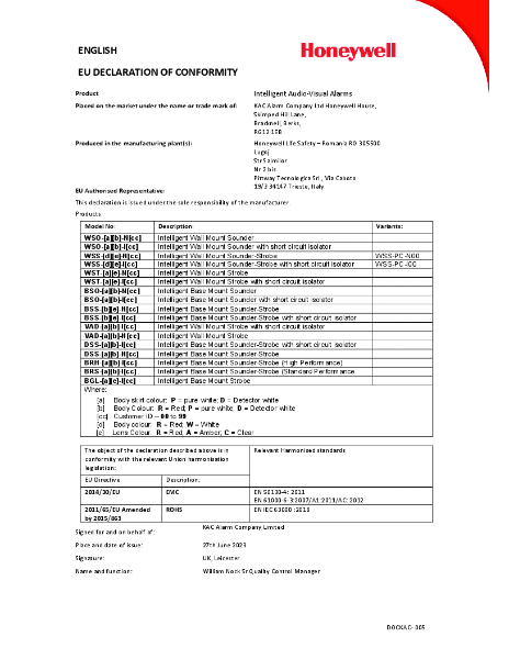 Notifier Intelligent Wall & Base Mount Sounder / VAD EN54 Declaration of Conformity