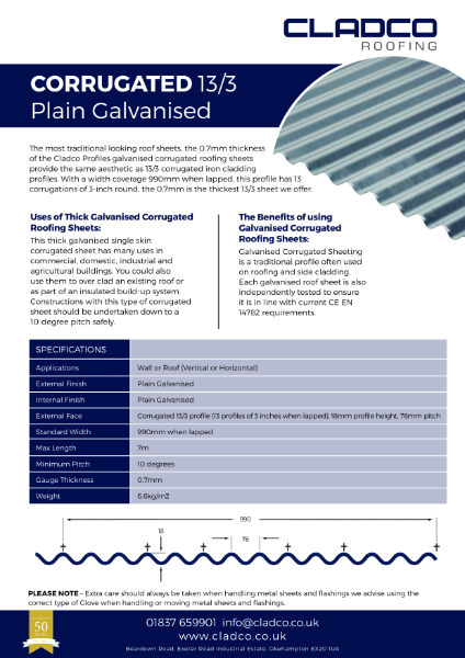 Cladco 13/3 Corrugated Steel Roofing Data Sheet