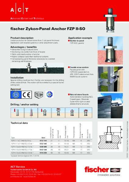 fischer Zykon-Panel Anchor FZP II-SO datasheet