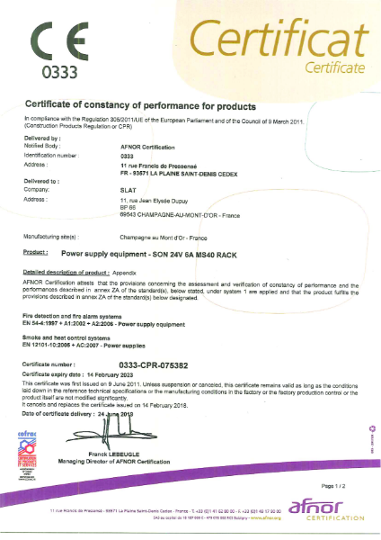 Certificate of constancy of performance