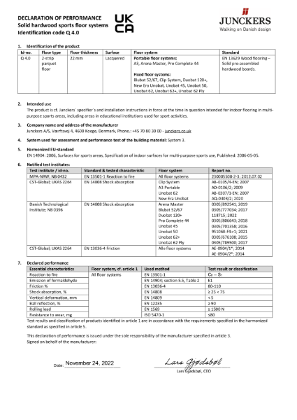 UKCA Declaration of Performance Identification code: Q 4.0
Solid hardwood sports floor systems