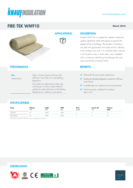 Knauf Insulation Fire-teK WM 910 Data Sheet