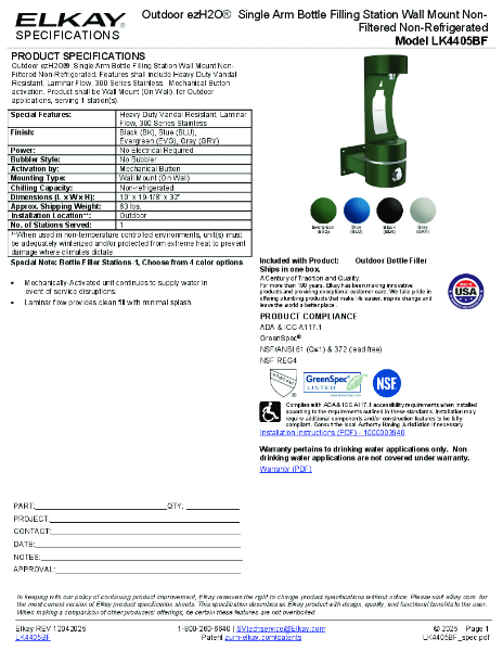 Elkay LK4405BF Technical Data Sheet