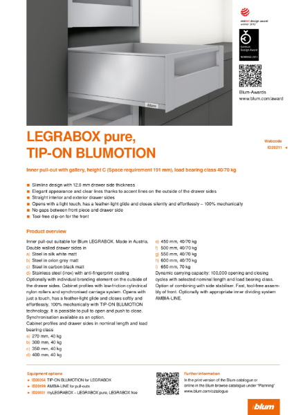 LEGRABOX pure TIP-ON BLUMOTION C Height Inner Pull-out with Gallery Specification Text