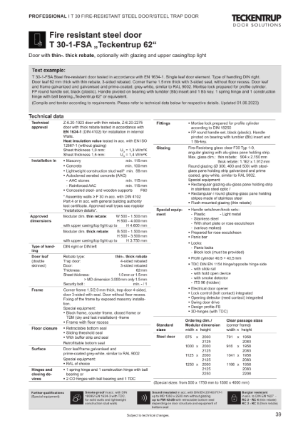 Fire Protection Door T30-1-FSA "Teckentrup 62" (Technical Data)