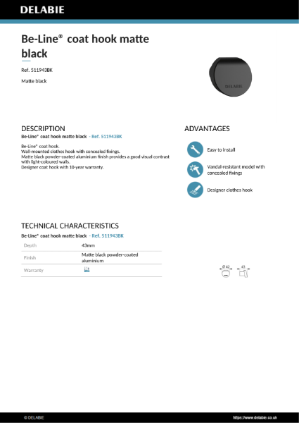 Be-Line® Coat Hook - Matte Black Product Data Sheet