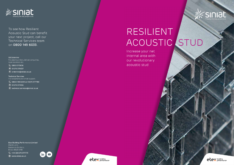 Siniat Resilient Acoustic Stud Brochure - a simple steel c-stud  with an inbuilt acoustic material which prevents airborne and impact sound from passing through dividing walls.