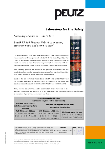 Bostik Professional FP403 Summary of Tests Wood and Steel