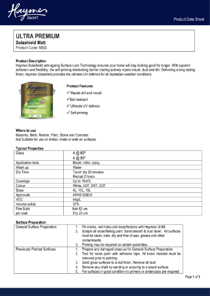 Solashield Matt Product Data sheet