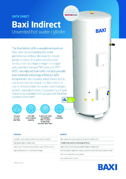 Baxi Indirect Cylinder - Data Sheet