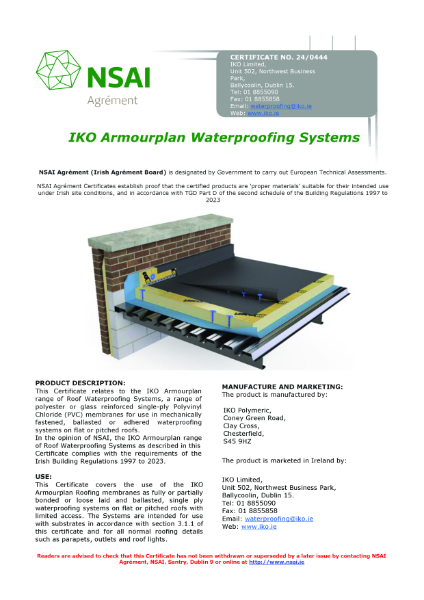 NSAI Agrément (Irish Agrément Board) - Armourplan Waterproofing Systems
